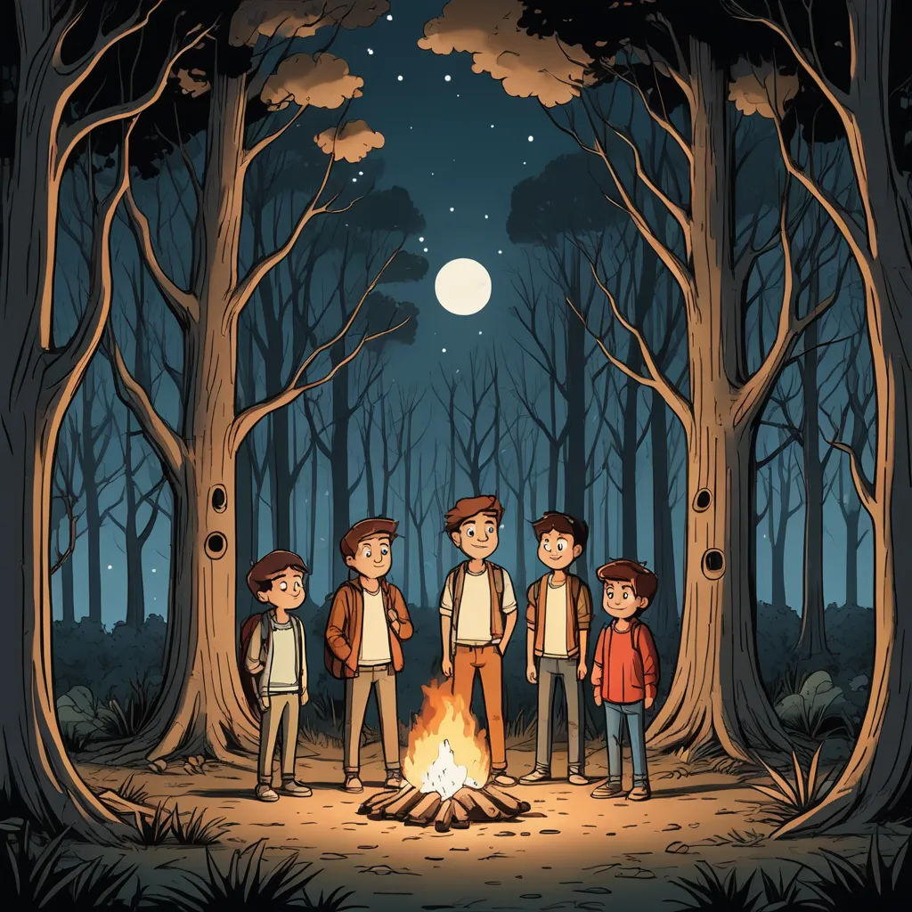 a group of people standing around a campfire in the woods at night time with a full moon in the background, sots art, a storybook illustration, Dan Mumford, comic cover art