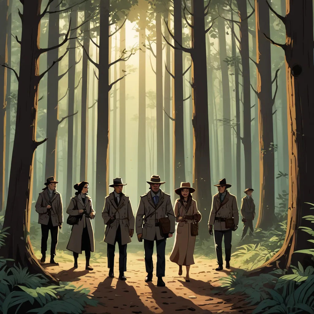 a group of people standing in the woods near trees and a forest floor with a sun shining through the trees, private press, poster art, Atey Ghailan, edward hopper and james gilleard