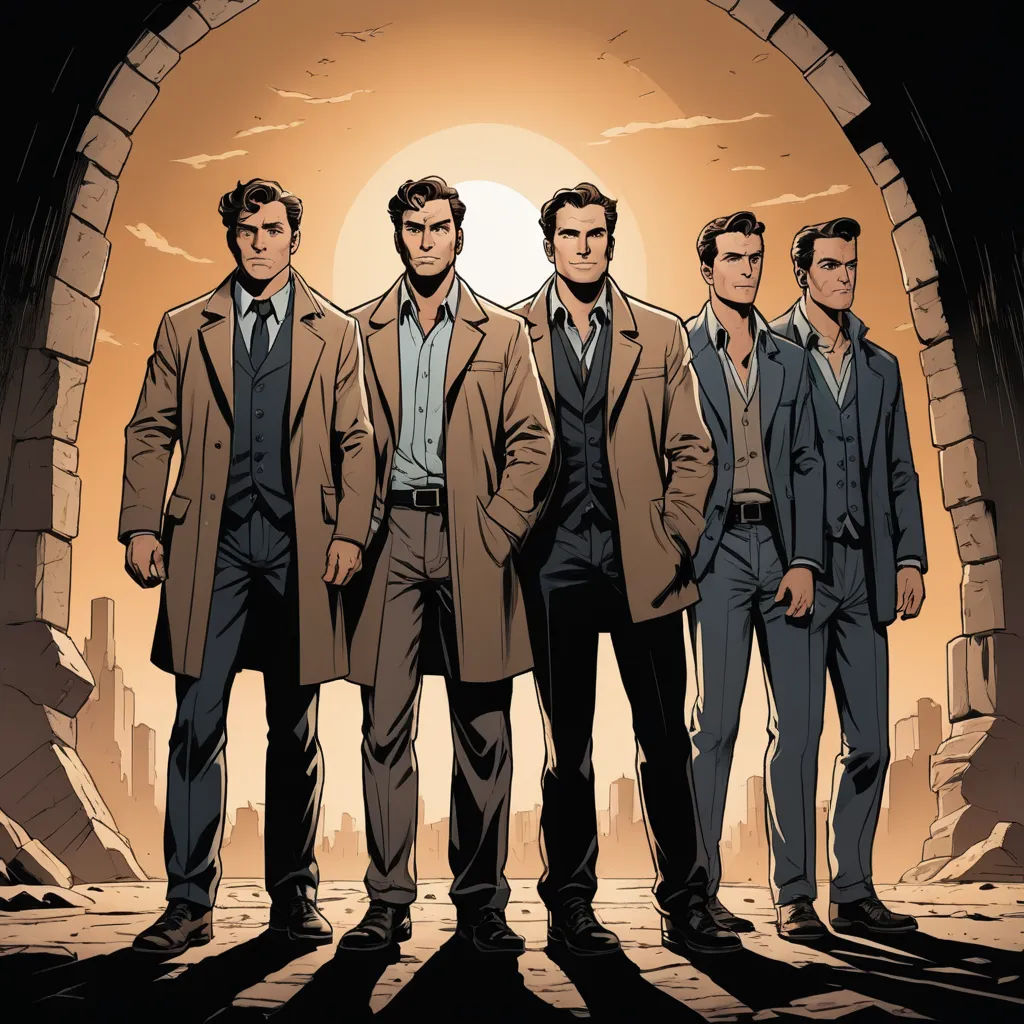 a group of men standing in front of a tunnel with a sun in the background and a city in the background, process art, a comic book panel, Benjamin Marra, comic cover art