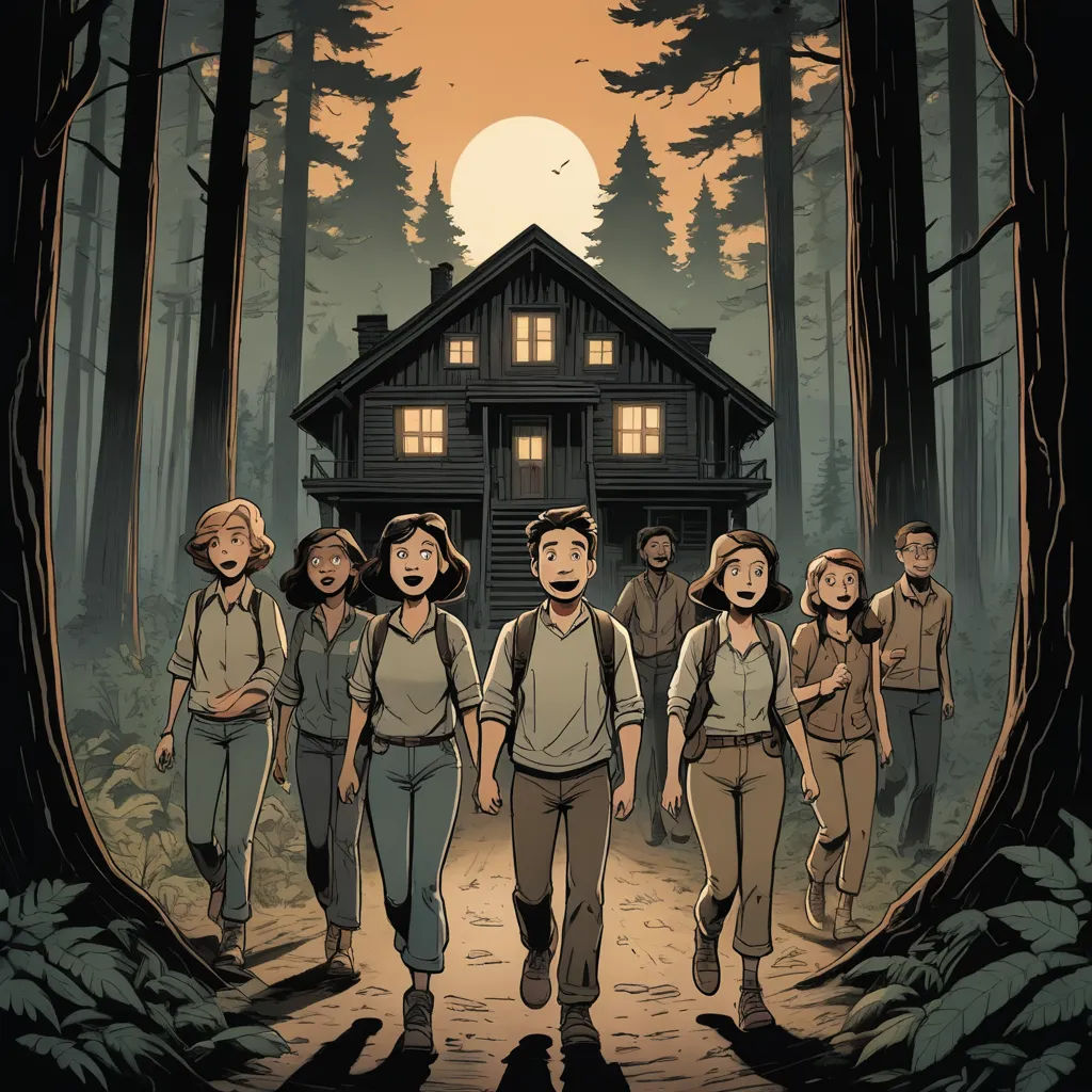 a group of people walking through a forest next to a house at night with the moon in the background, vancouver school, poster art, Clark Voorhees, comic cover art