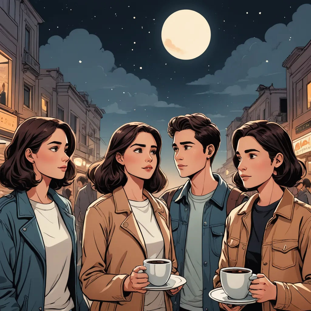 a group of people standing next to each other holding cups of coffee in front of a full moon sky, serial art, a comic book panel, Atey Ghailan, comic cover art
