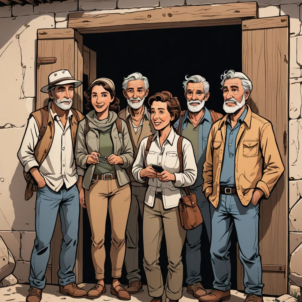 a group of people standing in front of a doorway with a man in a hat and a woman in a dress, serial art, a comic book panel, Diego Gisbert Llorens, comic cover art