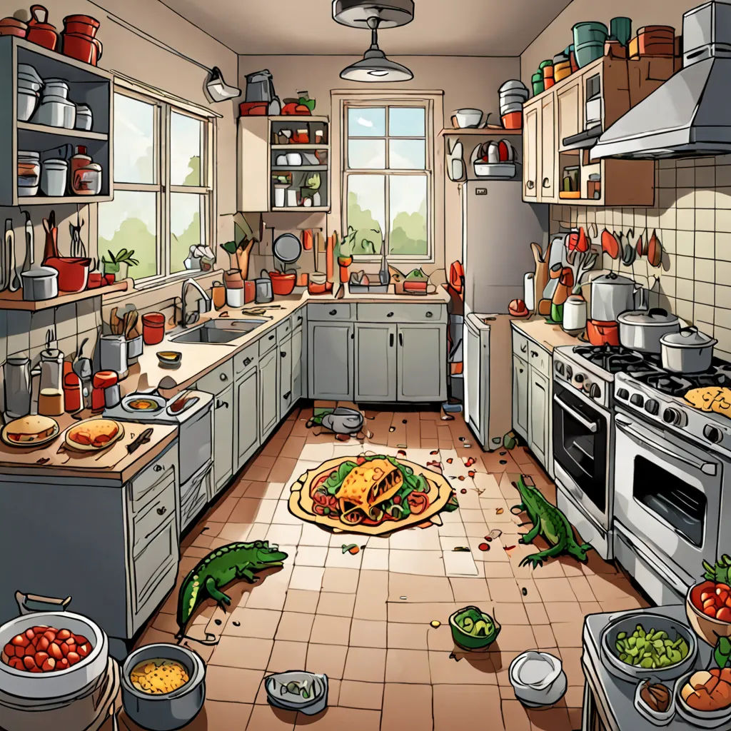 a kitchen with a large pile of food on the floor and a large pot on the stove top oven, photorealism, a storybook illustration, Chris LaBrooy, detailed illustration