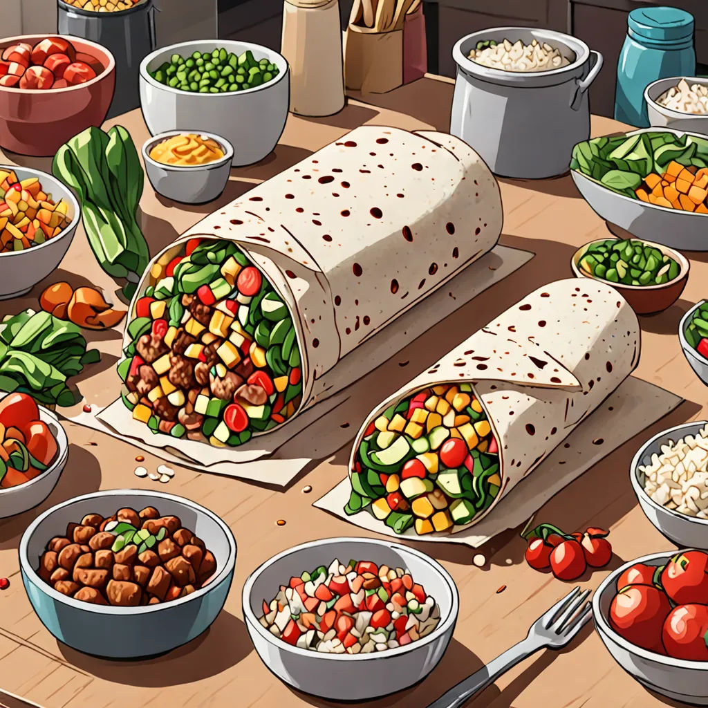 a table with a lot of food on it and a couple of burritos on the table with bowls of beans and tomatoes, photorealism, a detailed painting, Chris LaBrooy, official art