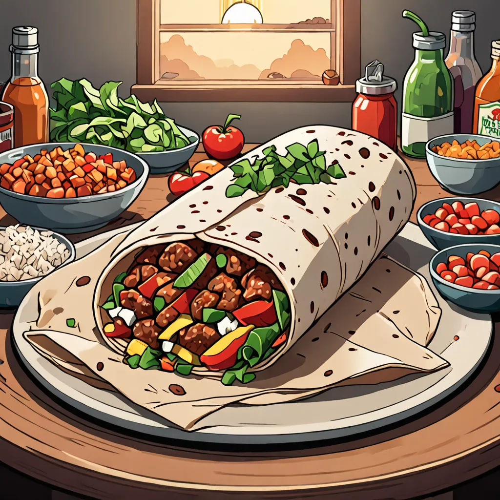 a burrito on a plate with a bowl of beans and a bottle of ketchup and a window, sots art, concept art, Chris LaBrooy, official art