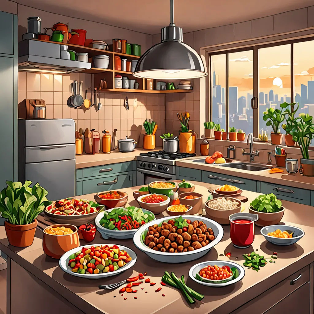 a kitchen with a lot of food on the counter top and a window in the background that looks out onto the city, american scene painting, concept art, Alena Aenami, official art