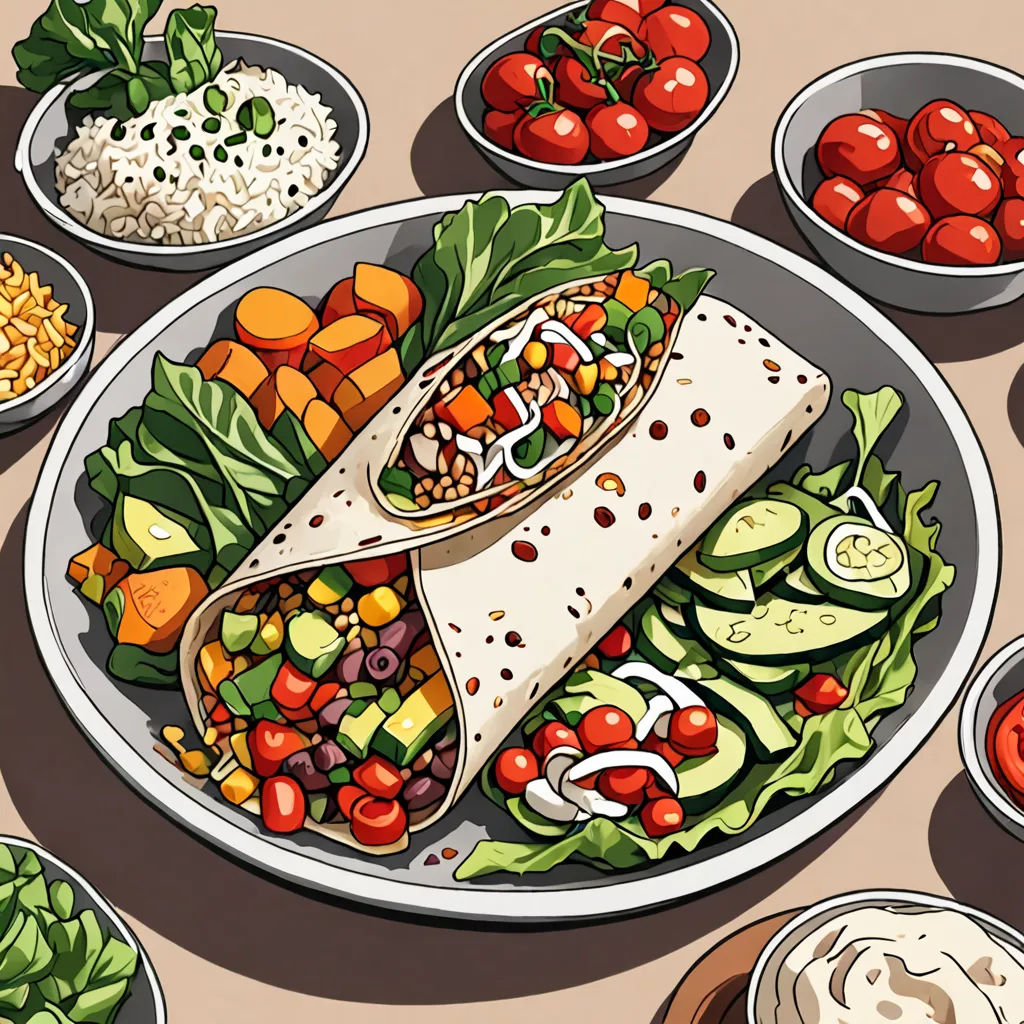 a plate of food with a variety of vegetables and a burrito on it, with a variety of sauces, photorealism, a detailed drawing, Atey Ghailan, ultra realistic illustration