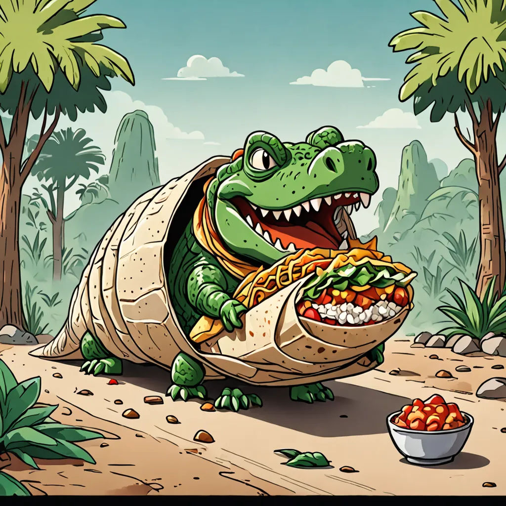 a cartoon of a dinosaur eating a burrito in a forest with a bowl of food in front of it, pop surrealism, a storybook illustration, Chris LaBrooy, storybook illustration