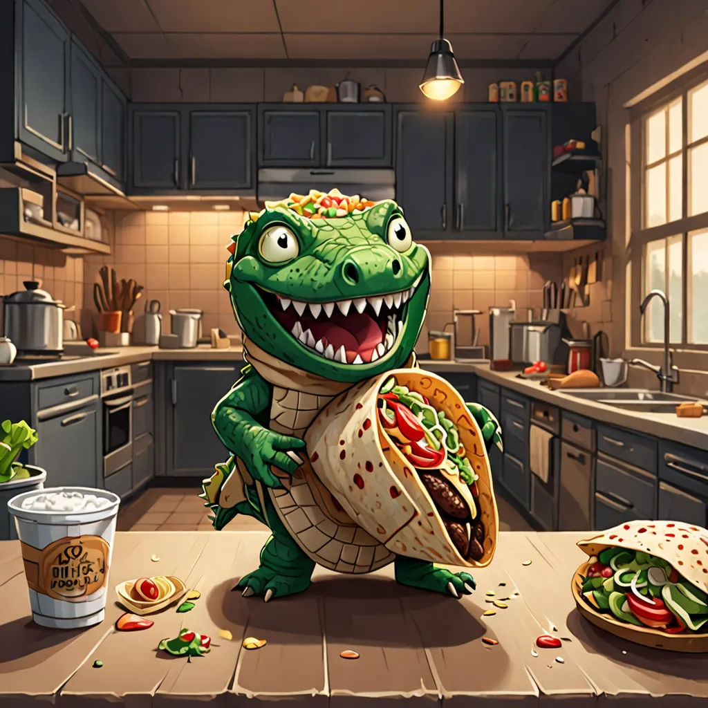 a cartoon of a tortilla with a large mouth and a sandwich with a bite out of it, sots art, concept art, Chris LaBrooy, game art