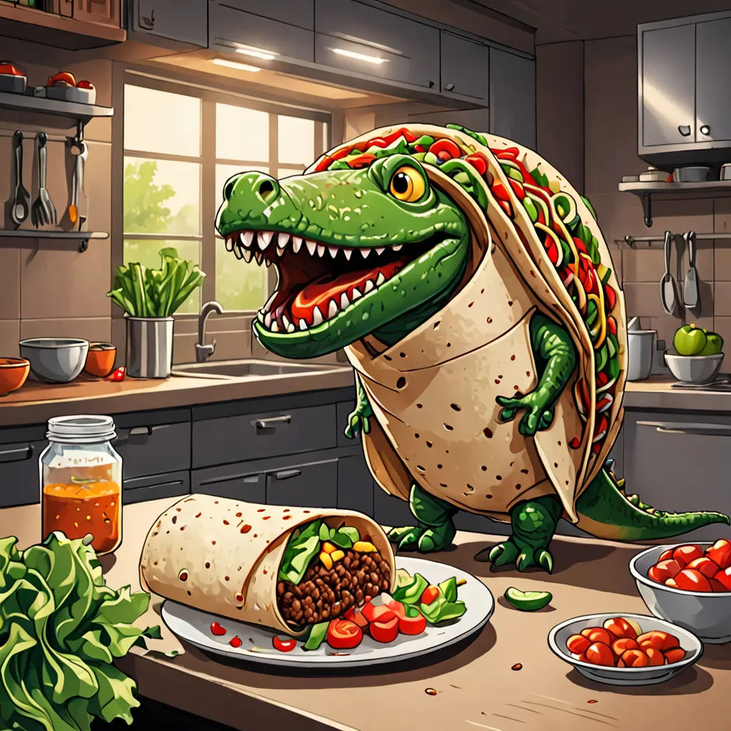 a cartoon dinosaur eating a burrito with a salad in the background and a jar of tomatoes and lettuce, photorealism, a character portrait, Chris LaBrooy, ultra realistic illustration
