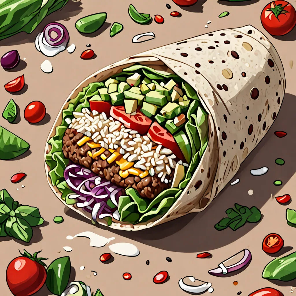 a wrap filled with lots of different types of food on top of a table with tomatoes, lettuce, and other vegetables, hyperrealism, a digital rendering, Florianne Becker, ultra realistic illustration