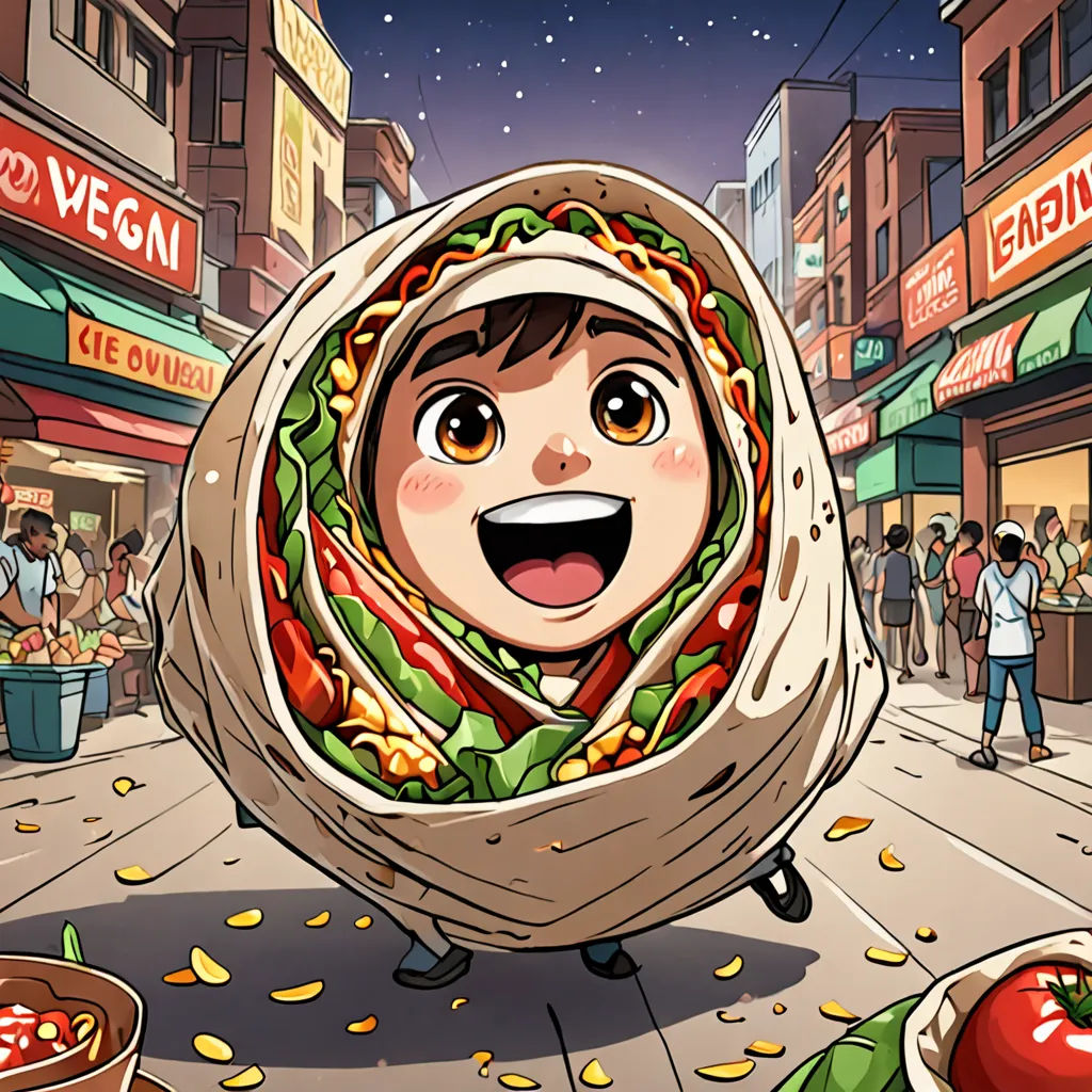 a cartoon character is holding a giant sandwich in the middle of a street with other people and food on the sidewalk, lowbrow, a storybook illustration, Choi Buk, josan gonzales and dan mumford