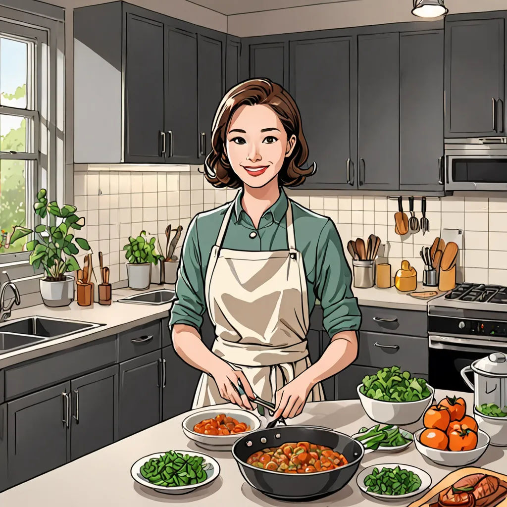 a woman in a kitchen preparing food on a counter top with a pot and pan on it and a pot of vegetables on the counter, lyco art, a stock photo, Byeon Sang-byeok, official art