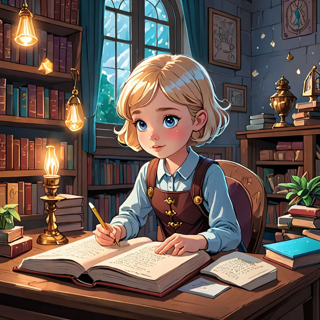 a little girl sitting at a desk with a book and pen in her hand and a lamp in the background, fantasy art, a storybook illustration, Cliff Childs, rossdraws global illumination