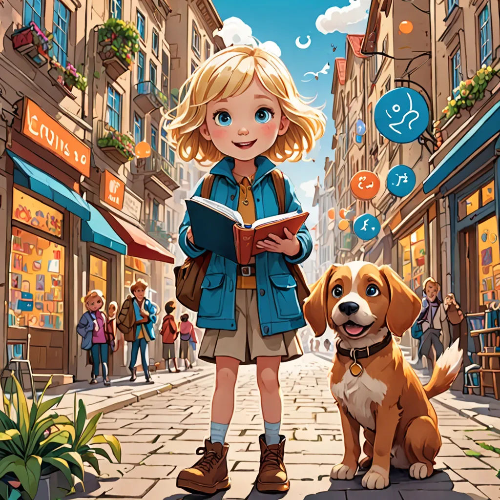a girl is standing next to a dog and reading a book in a city street with people walking by, art & language, a storybook illustration, Cliff Childs, official art