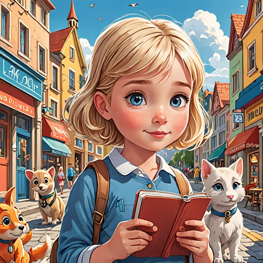 a girl is holding a book and two cats are standing on the street in front of her and a cat is sitting on the sidewalk, fantasy art, a storybook illustration, Cliff Childs, storybook illustration