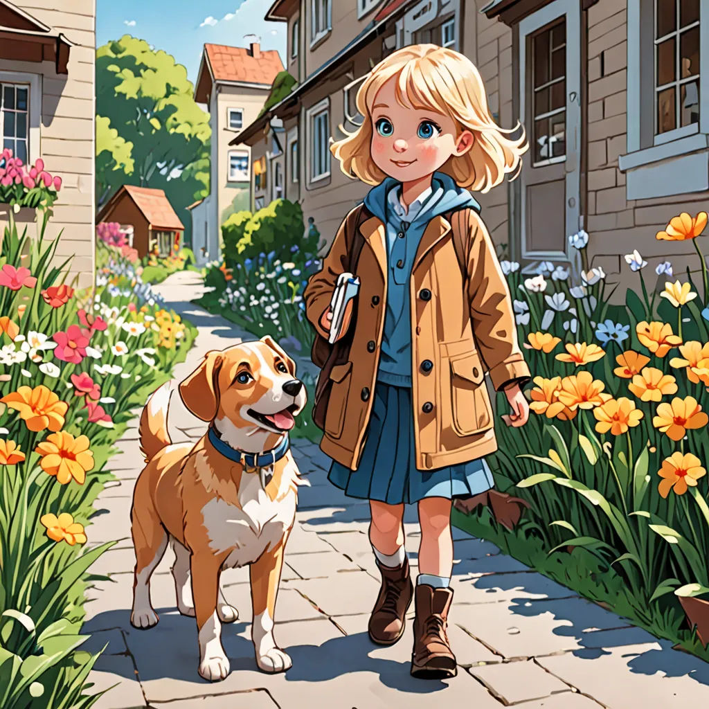 a little girl walking a dog down a sidewalk next to a flower garden with flowers and houses in the background, american scene painting, a storybook illustration, Cliff Childs, official art