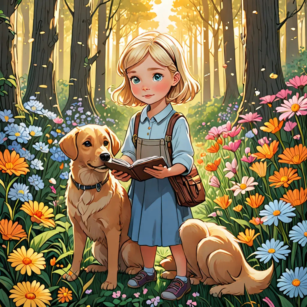a little girl standing in a forest with a dog and a book in her hands, reading a book, context art, a storybook illustration, Cliff Childs, official art