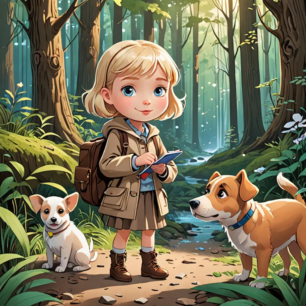 a little girl standing in the woods with two dogs looking at her phone and a dog looking at her, process art, a storybook illustration, Clarice Beckett, key art