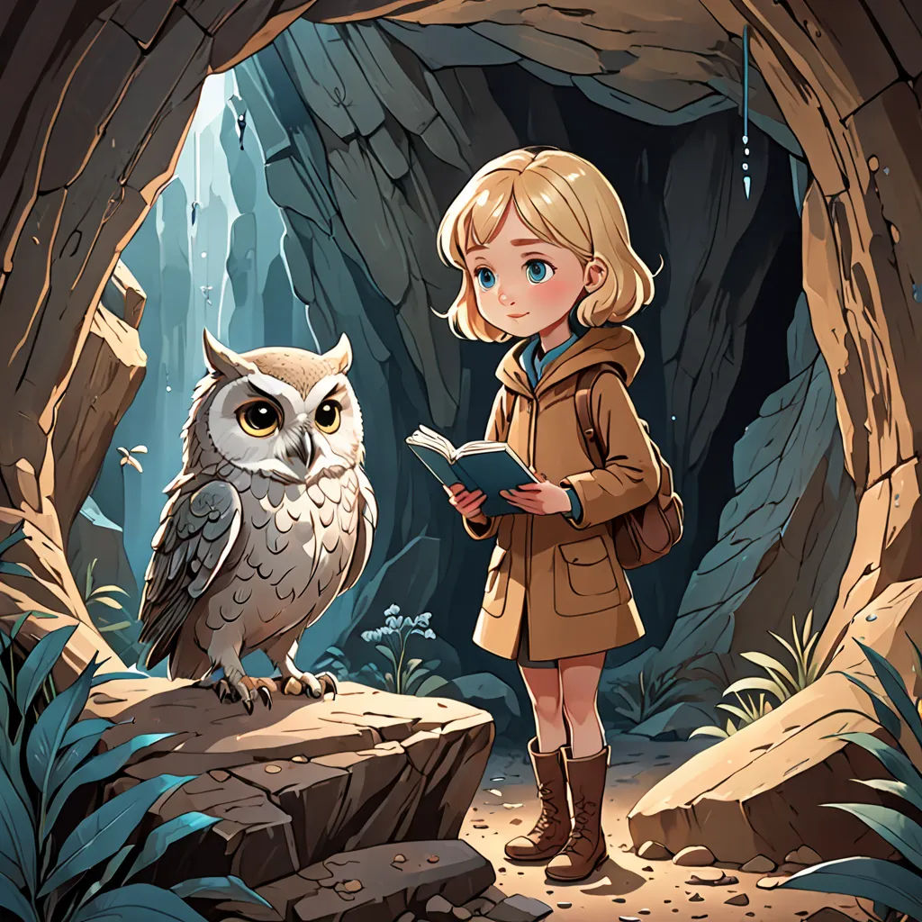 a girl in a brown coat is reading a book in a cave with an owl on her lap and a cave entrance behind her, fantasy art, a storybook illustration, Cliff Childs, storybook illustration