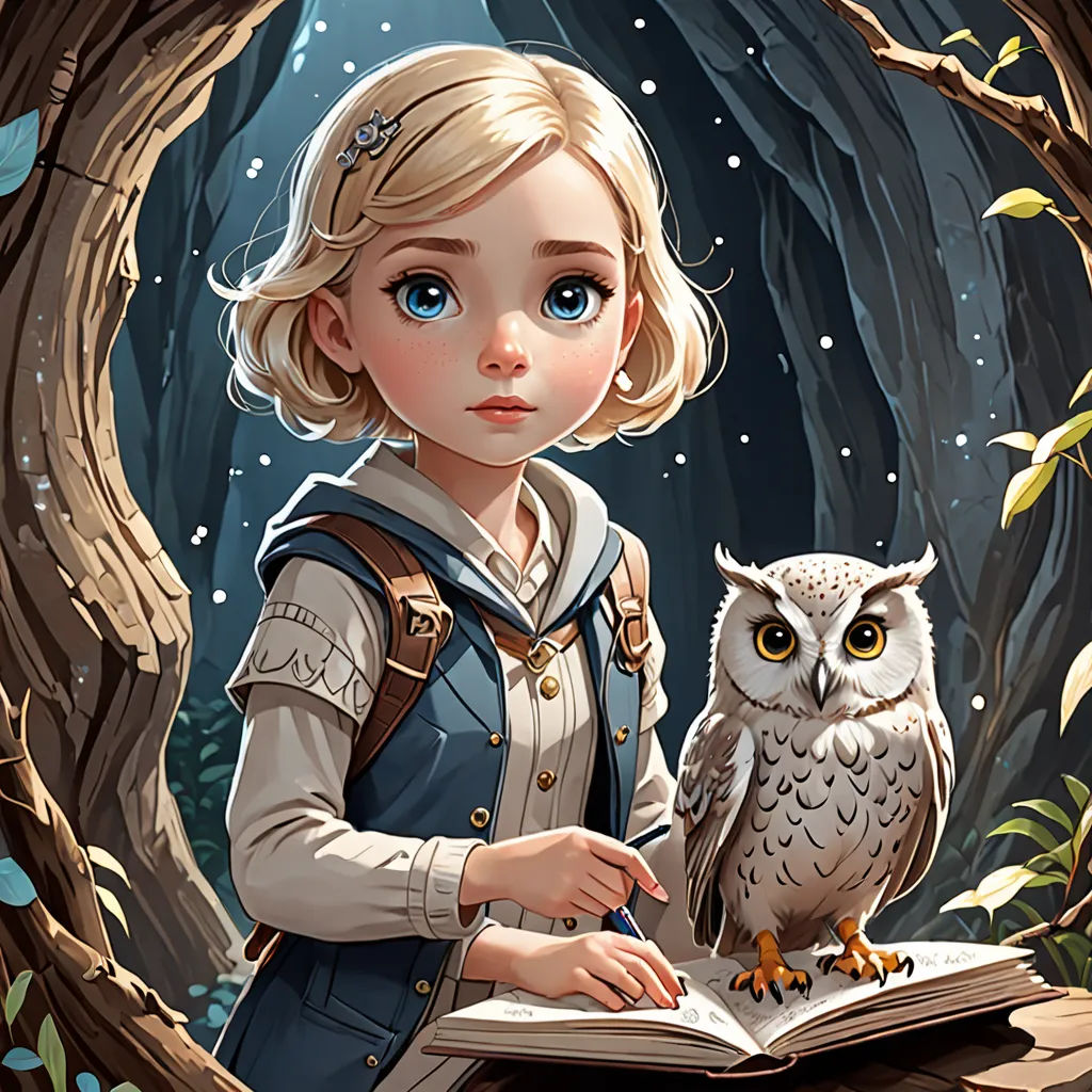 a girl in a blue dress holding an owl in a forest with a book open in front of her, fantasy art, a storybook illustration, Charlie Bowater, rossdraws global illumination