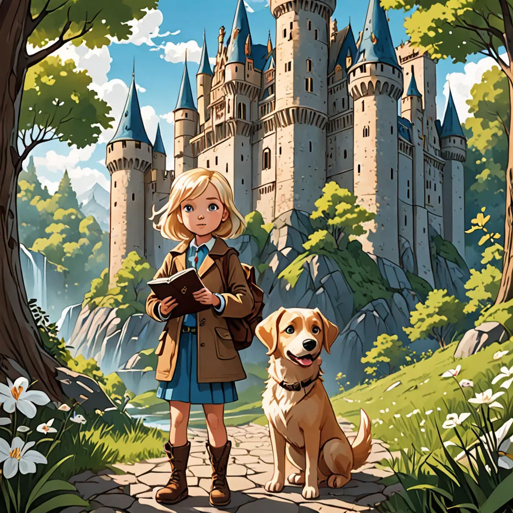 a girl standing next to a dog in front of a castle with a castle in the background and a dog sitting on a path, fantasy art, a storybook illustration, Cliff Childs, official art