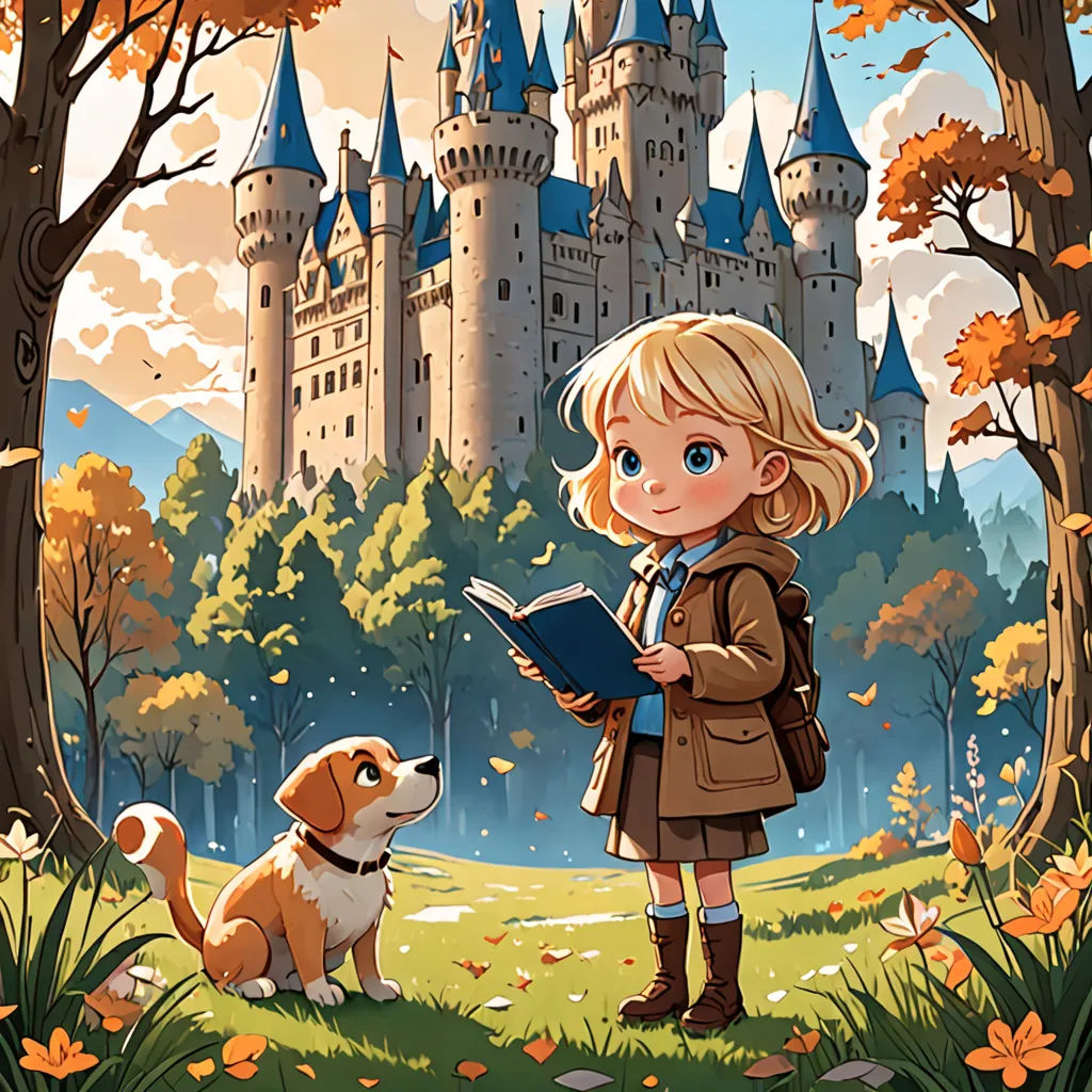 a little girl standing in front of a castle with a dog looking at a book in front of her, fantasy art, a storybook illustration, Cliff Childs, storybook illustration