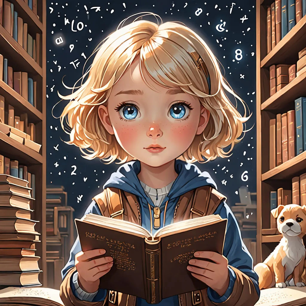 a little girl reading a book in a library with a teddy bear sitting on the floor next to her, fantasy art, a storybook illustration, Charlie Bowater, storybook illustration