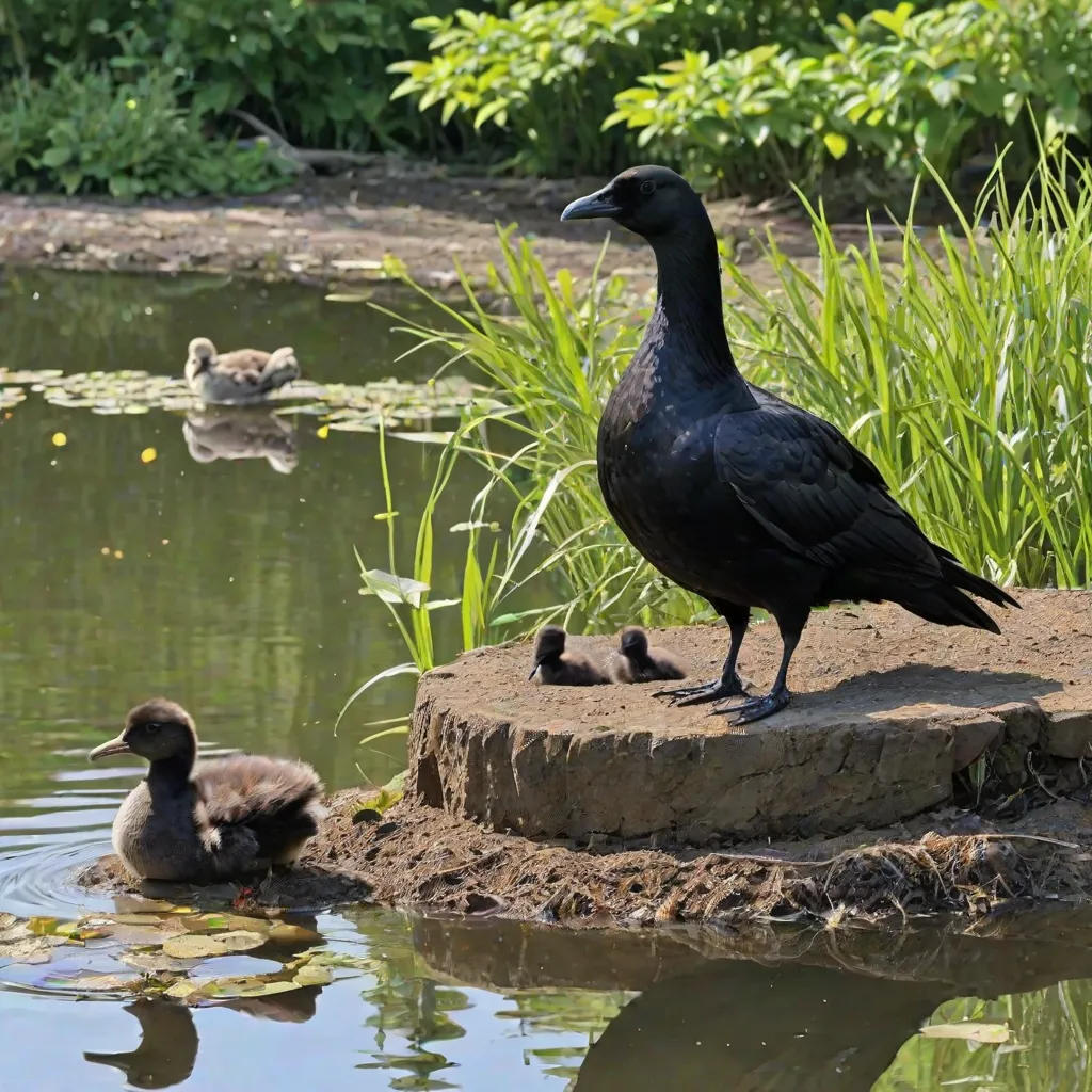 Josie the crow and Linda the goose  at Newton Town Pond.