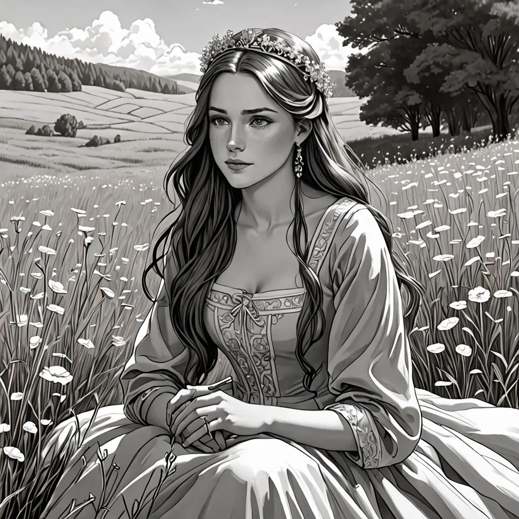 a woman in a dress sitting in a field of flowers with a tree in the background and a sky with clouds, fantasy art, a storybook illustration, Edgar Ainsworth, storybook illustration