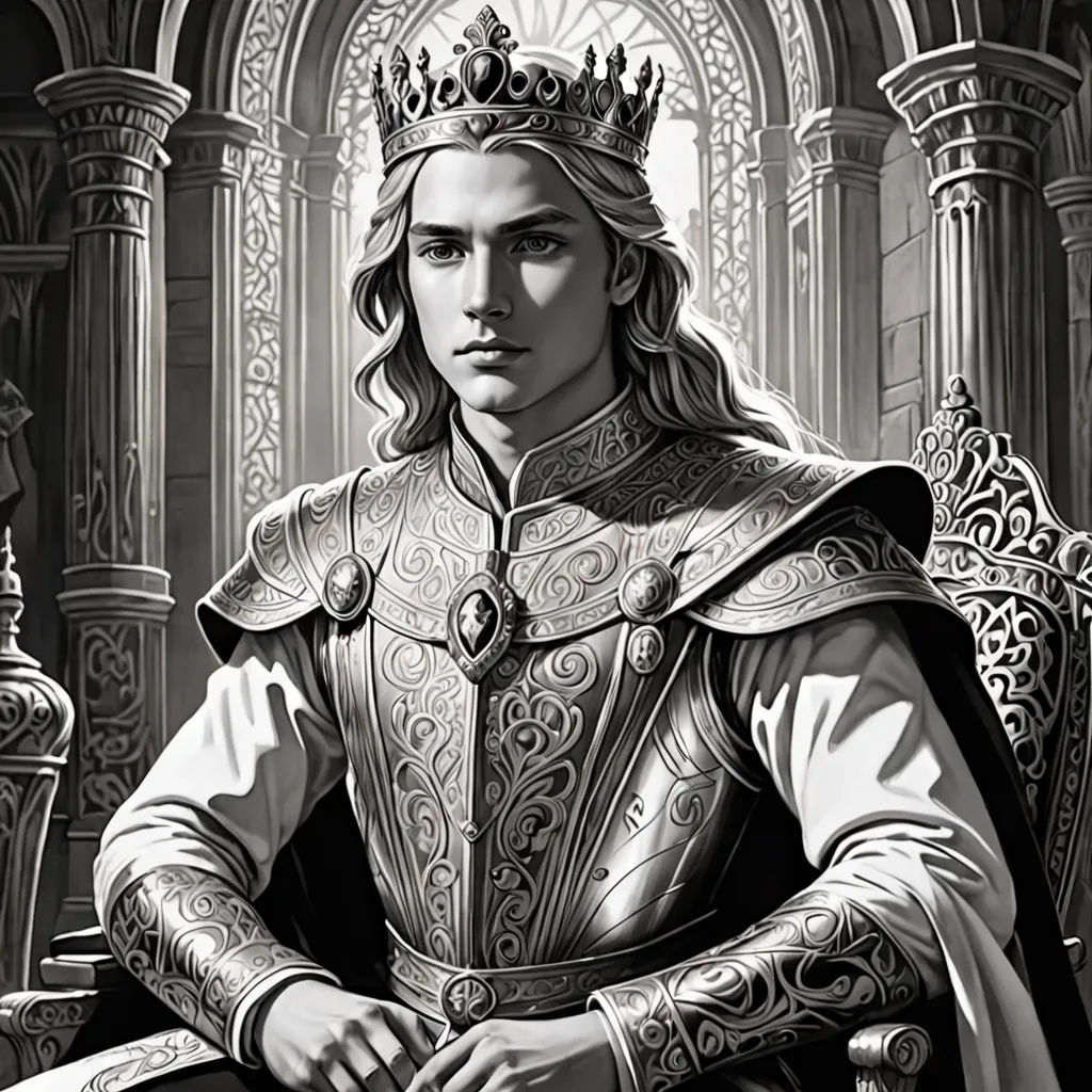 a man in a crown sitting on a chair in a room with columns and arches, with a window behind him, fantasy art, a character portrait, Fabien Charuau, official art