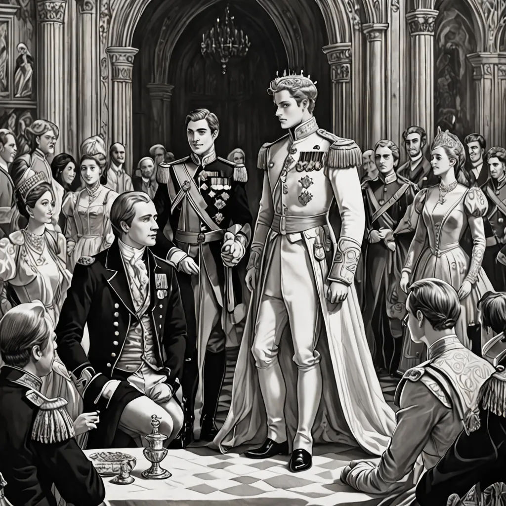 a drawing of a man in a military uniform standing in front of a crowd of people in formal dress, sots art, a storybook illustration, Charles Bird King, official art
