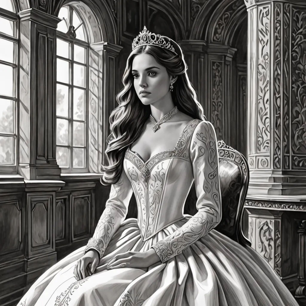 a drawing of a woman in a dress sitting in a chair in a room with a window and a window, gothic art, an ultrafine detailed painting, Charlie Bowater, highly detailed digital painting