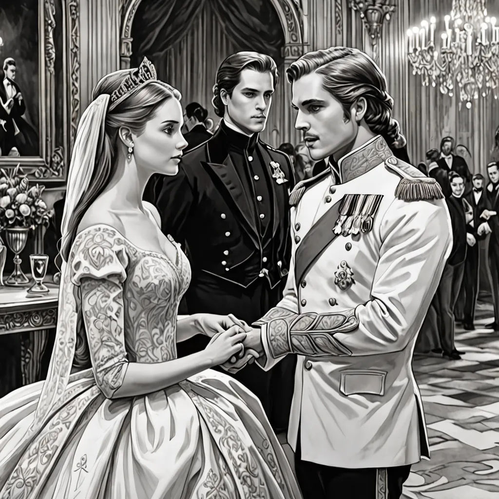 a man and woman in wedding dresses standing next to each other in a room with people in the background, sots art, a storybook illustration, Elizabeth Forbes, official art