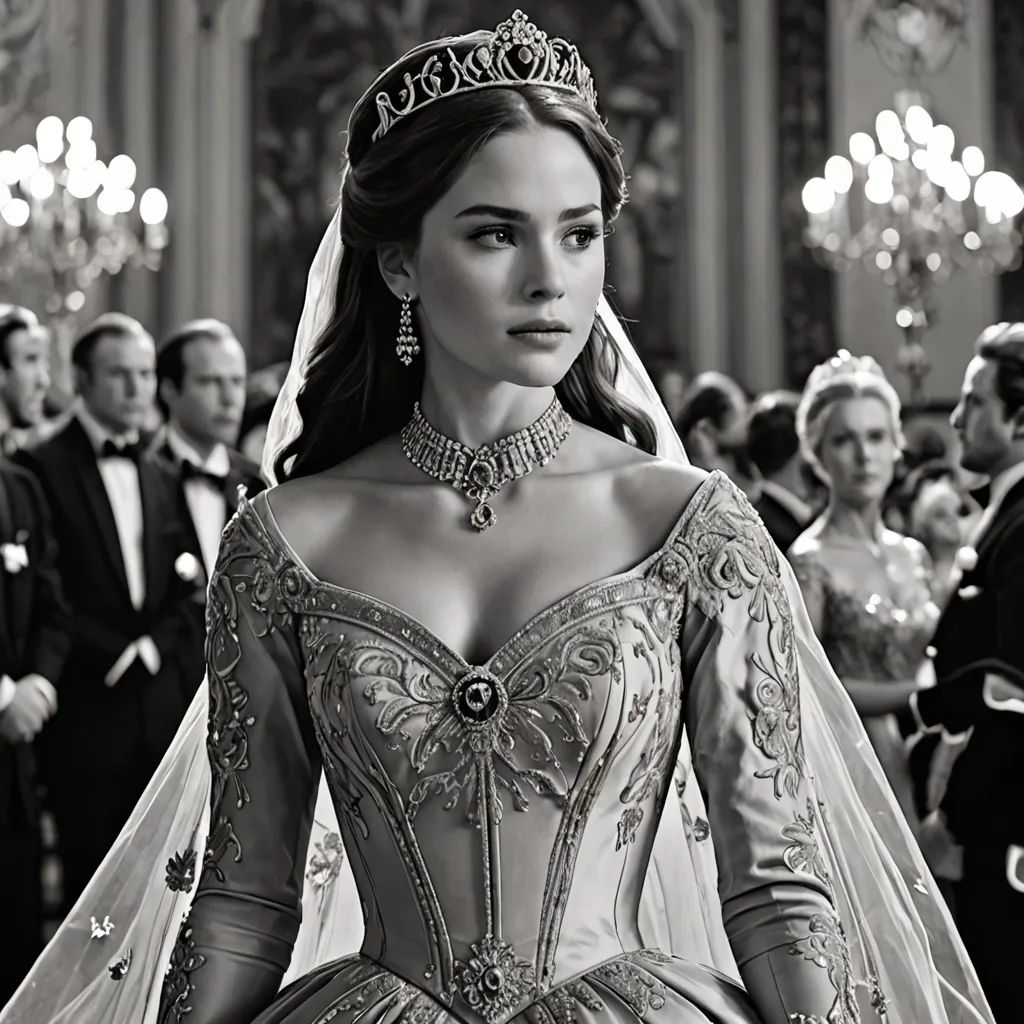 a woman in a gown and tiara standing in a crowd of people in formal wear and jewelry,, rococo, a black and white photo, Celia Fiennes, promotional image