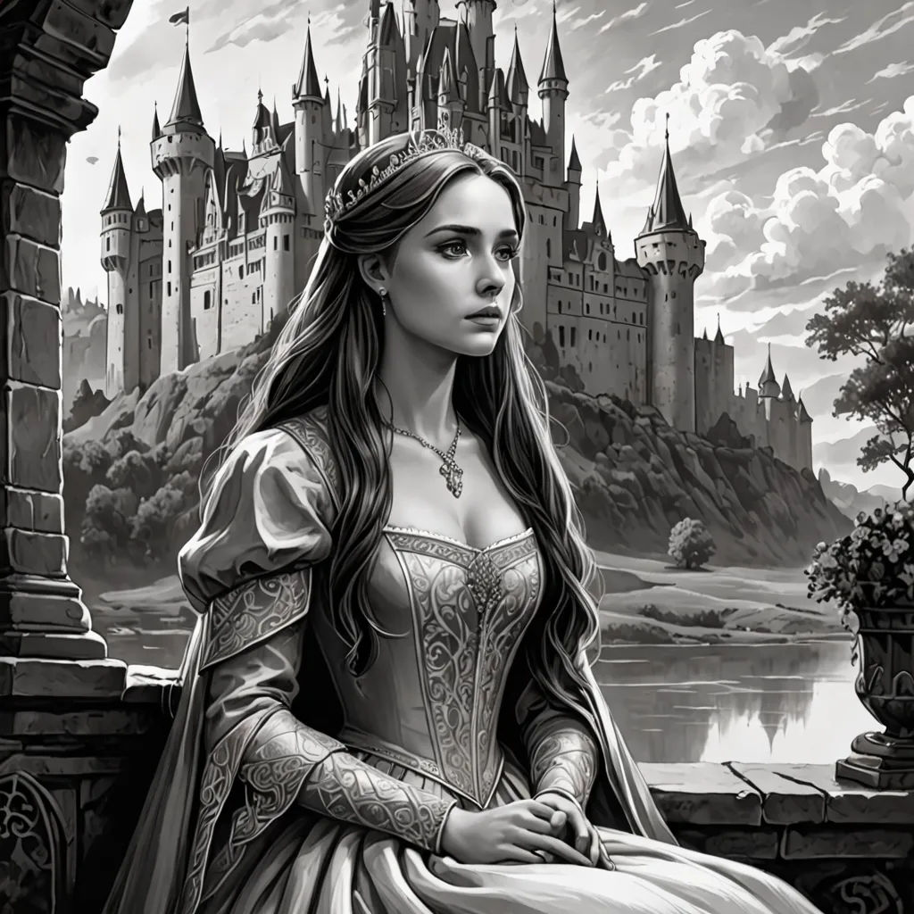 a woman in a dress sitting on a ledge near a castle with a castle in the background and a lake in the foreground, gothic art, an ultrafine detailed painting, Anne Stokes, highly detailed digital painting
