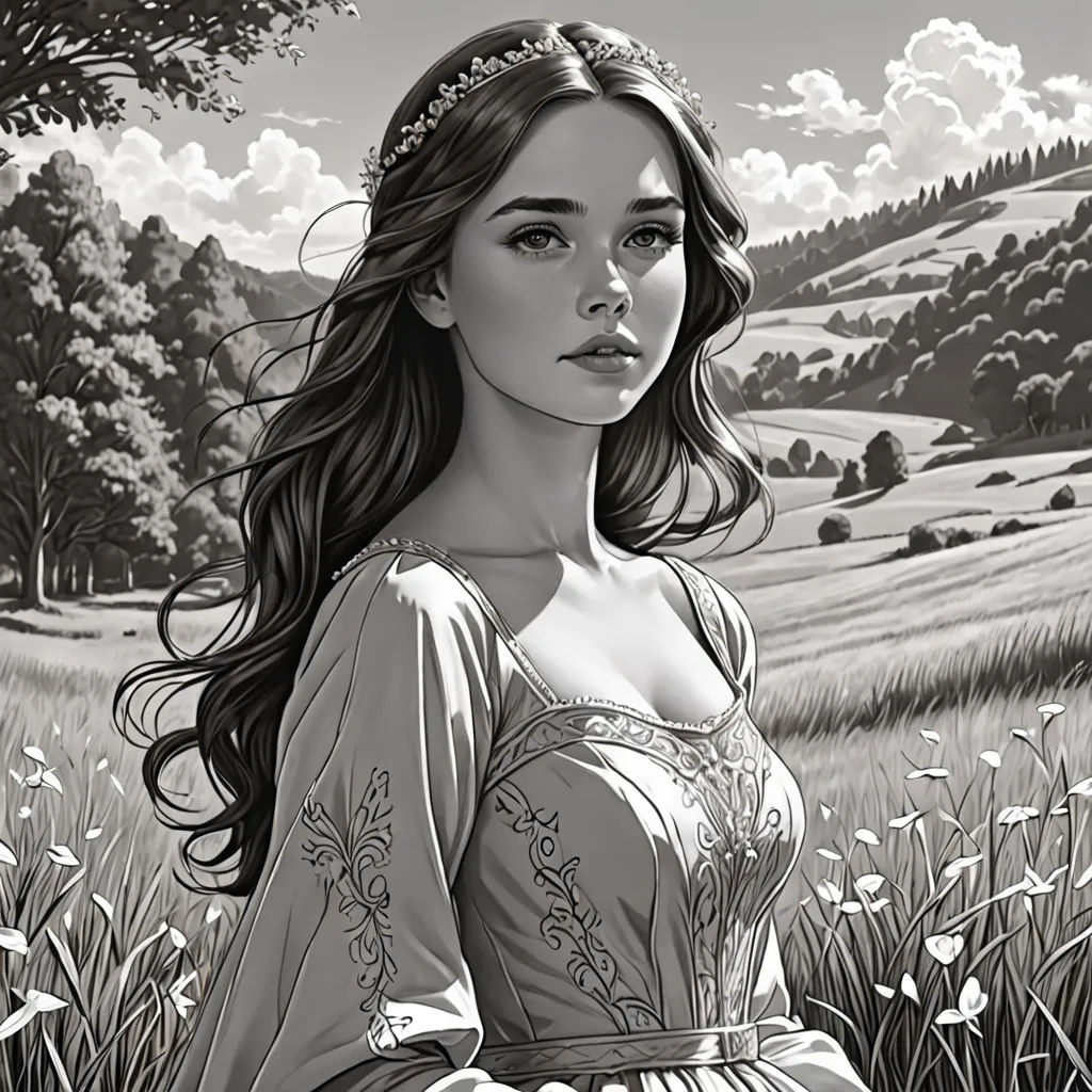 a woman in a dress standing in a field of flowers with a tree in the background and a sky with clouds, fantasy art, an ultrafine detailed painting, Edgar Ainsworth, stanley artgerm lau