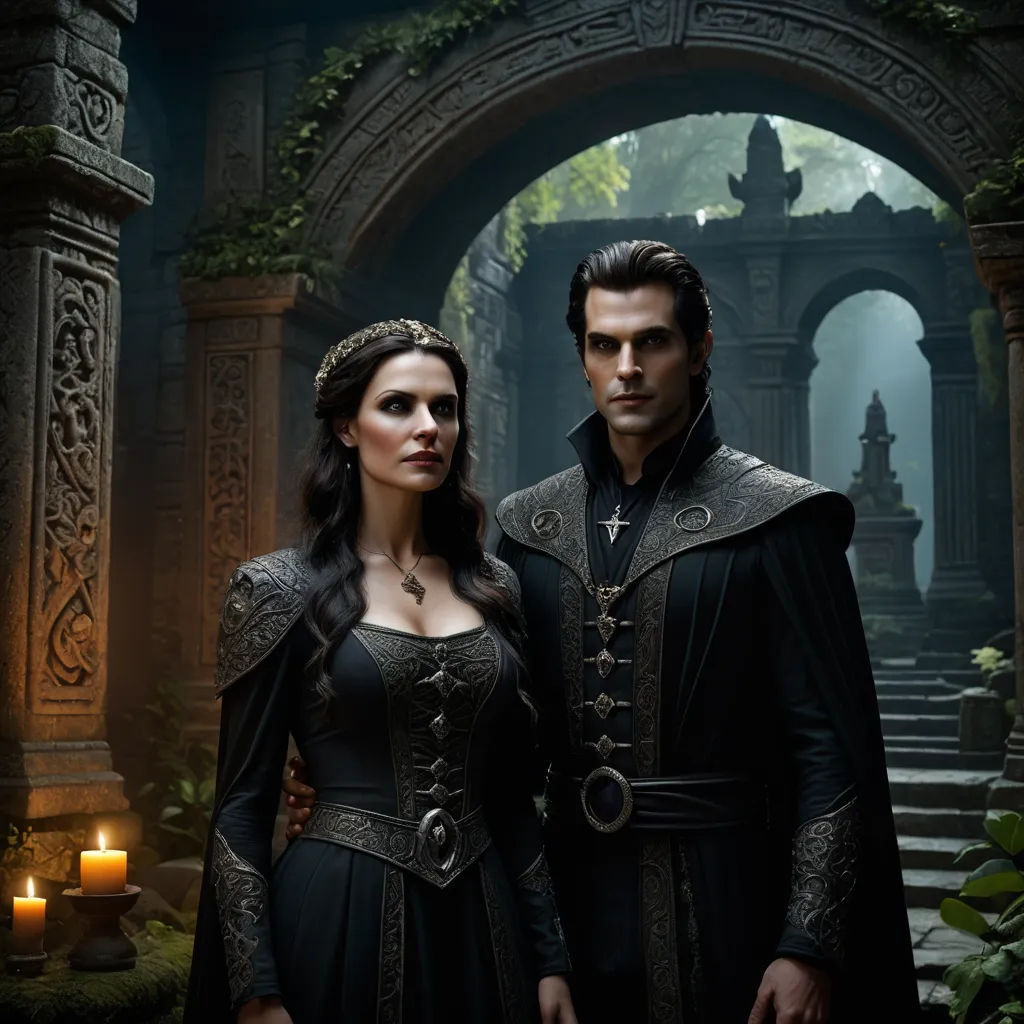 a man and a woman dressed in medieval clothing standing in a courtyard with candles in the background and a stone archway, international gothic, a detailed matte painting, Dirk Crabeth, promotional image