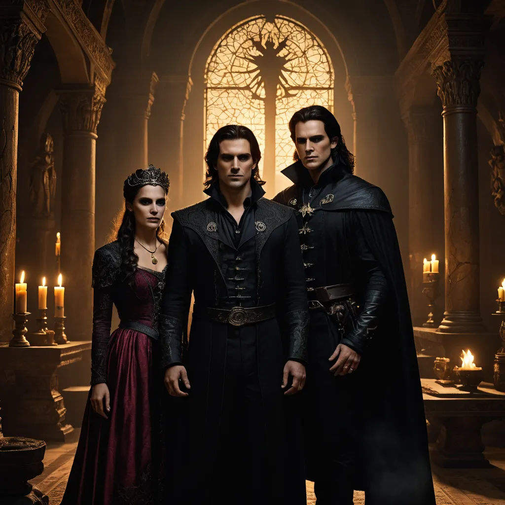 a man and two women standing in front of a window in a gothic - themed building with candles in the background, gothic art, a poster, Dirk Crabeth, promotional image