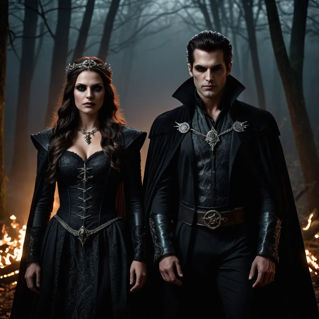 a man and a woman dressed in medieval costumes standing in a forest at night with fire behind them and a man in a black coat and a crown, international gothic, poster art, Dirk Crabeth, promotional image