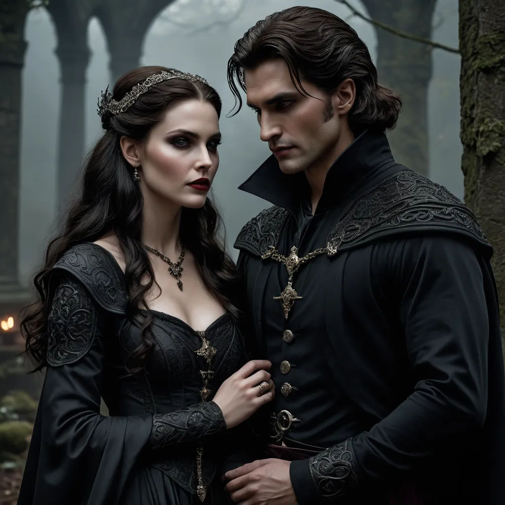 a man and a woman dressed in medieval clothing standing in a forest together, with trees in the background, gothic art, a detailed matte painting, Dirk Crabeth, promotional image