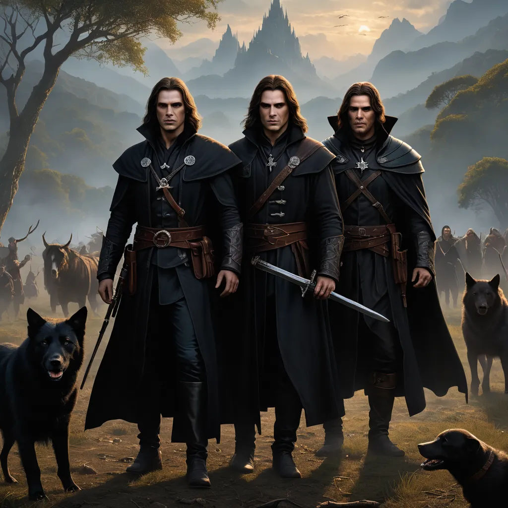a group of men in black coats standing next to a dog on a field with a mountain in the background, fantasy art, concept art, Brothers Hildebrandt, key art