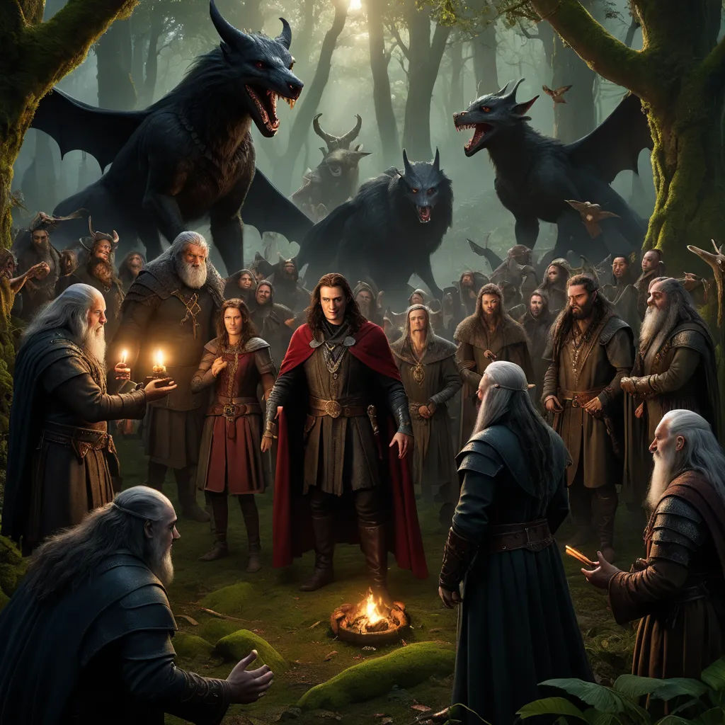 a group of people standing around a fire in a forest with a dragon flying overhead and a man in a red cape, fantasy art, a detailed matte painting, Cedric Seaut (Keos Masons), weta digital