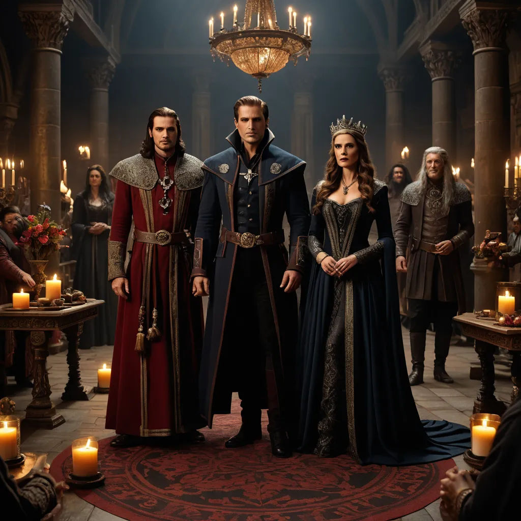 a group of people standing around a table with candles on it in a room with a chandelier, international gothic, a poster, David Teniers III, promotional image