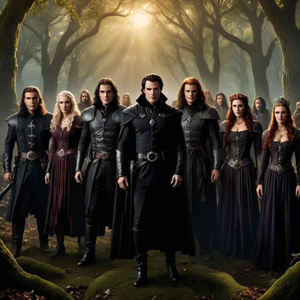 a group of people standing in a forest with trees and sun shining through the trees in the background,, gothic art, a poster, Anne Stokes, dark shadows