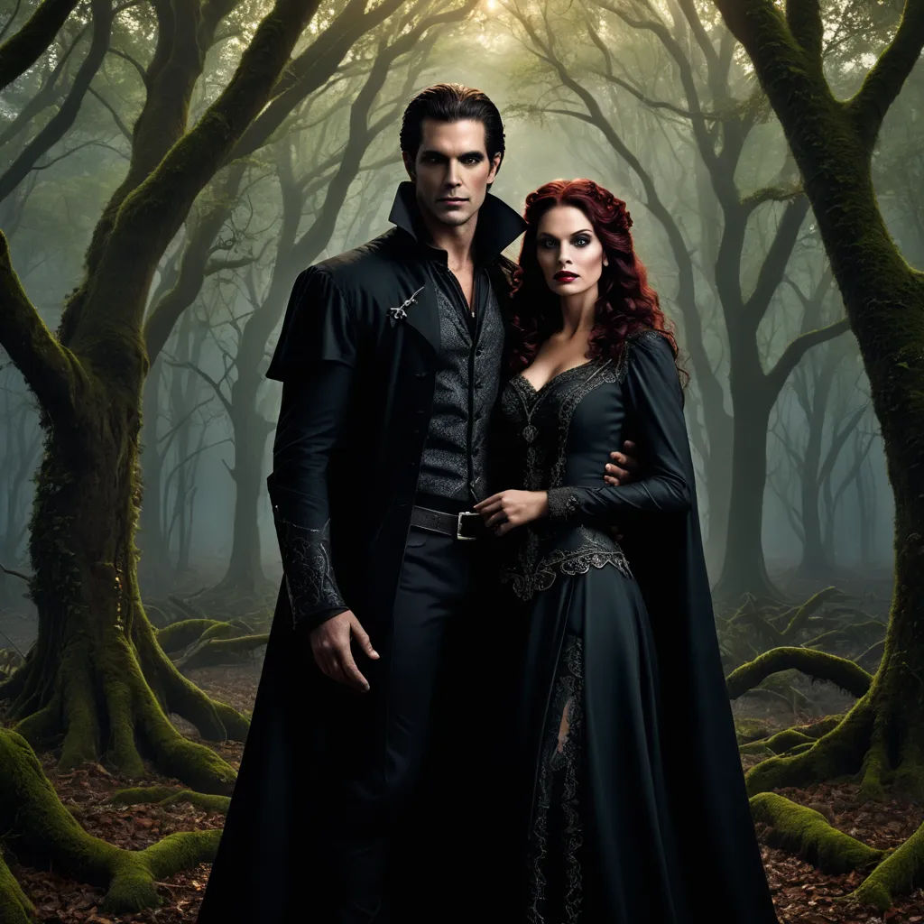 a man and woman dressed in medieval clothing standing in a forest with trees and mossy ground, with sunlight shining through the trees, international gothic, a poster, Dirk Crabeth, promotional image