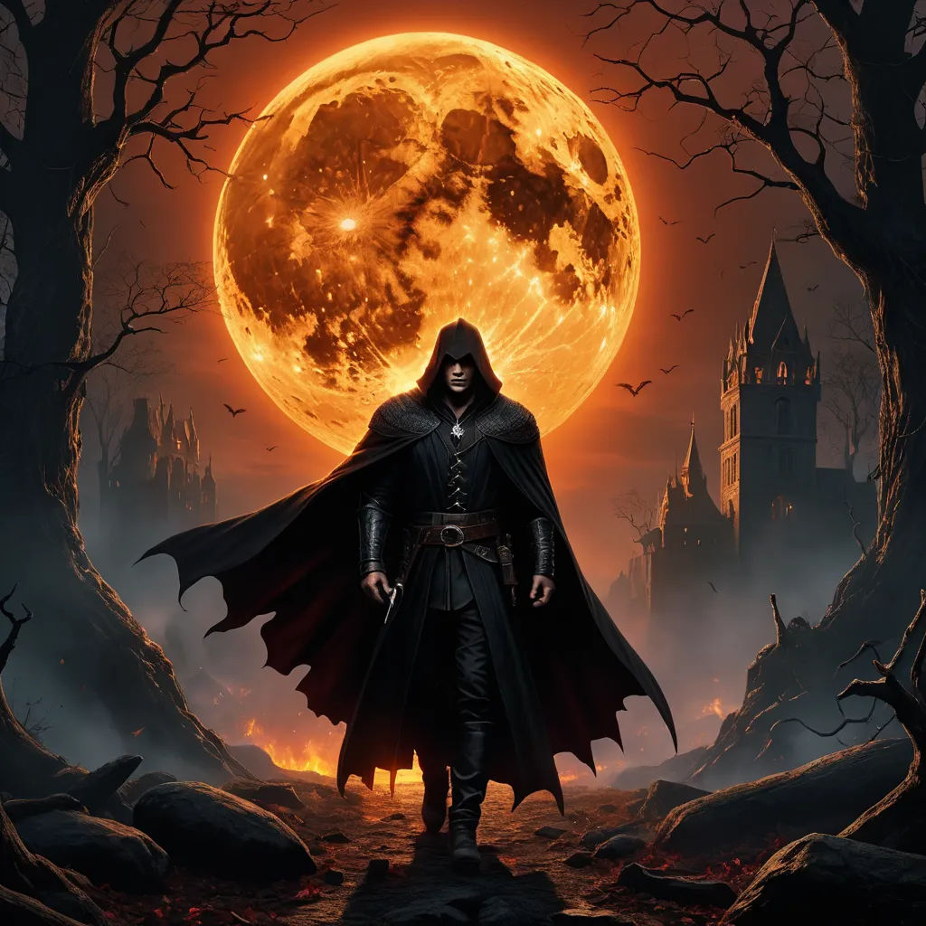 a man in a black cloak standing in front of a full moon with a full moon behind him and a castle in the background, gothic art, a detailed matte painting, Anne Stokes, dark fantasy art