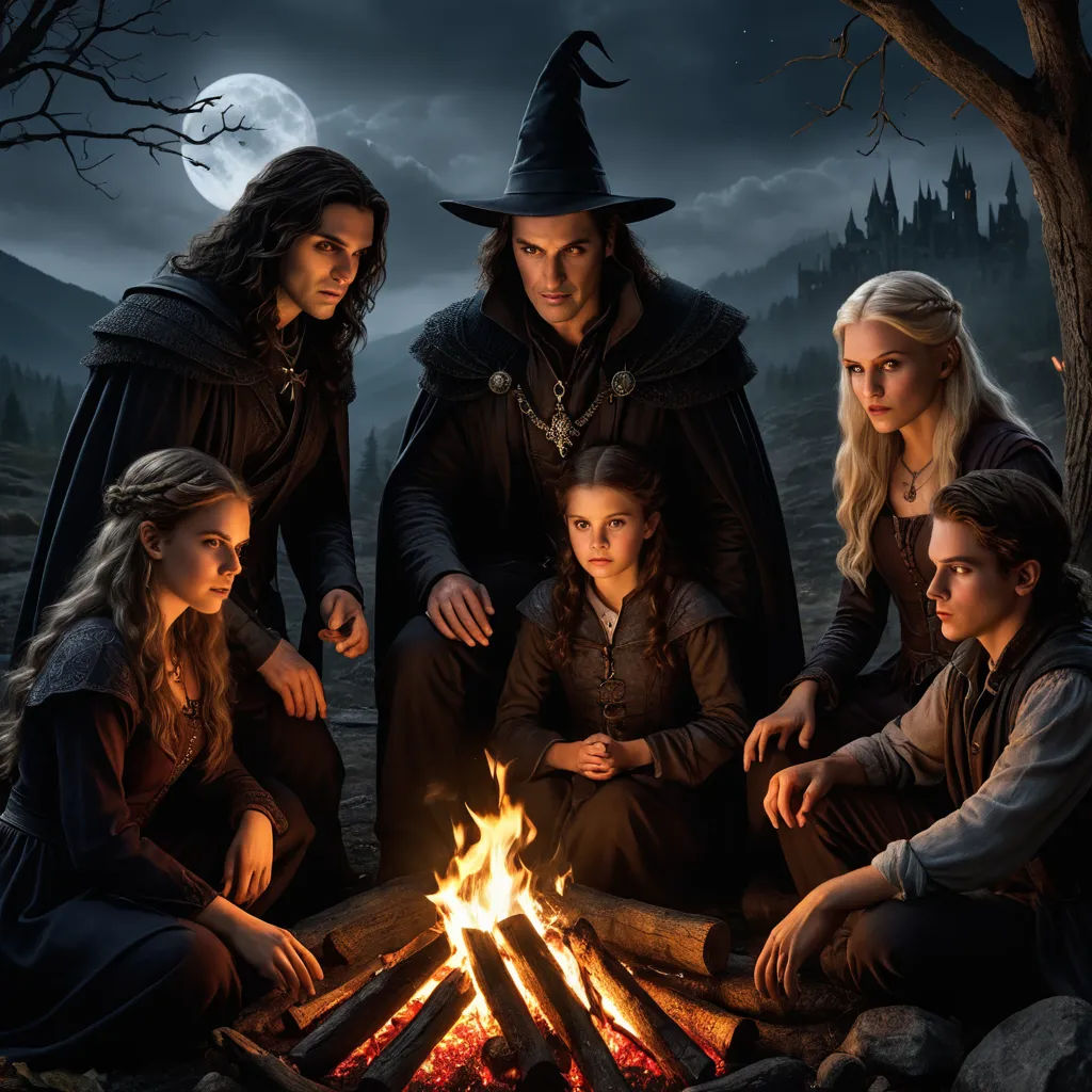 a group of people sitting around a fire pit with a witch on it's head and a full moon in the background, gothic art, a poster, Anne Said, promotional image