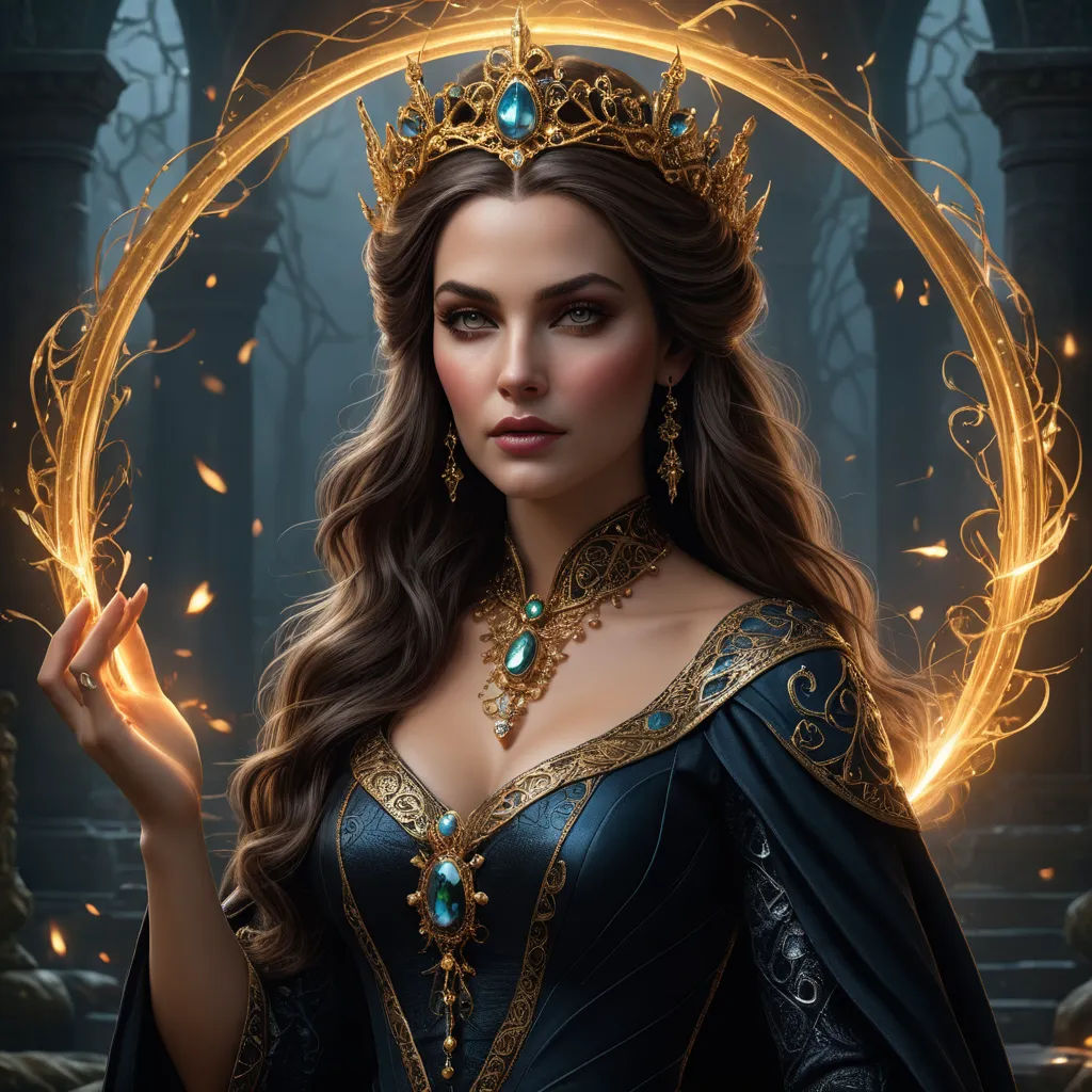 a woman in a blue dress holding a ring with a gold ring around her neck and wearing a tiara, fantasy art, a detailed painting, Anne Stokes, highly detailed digital painting