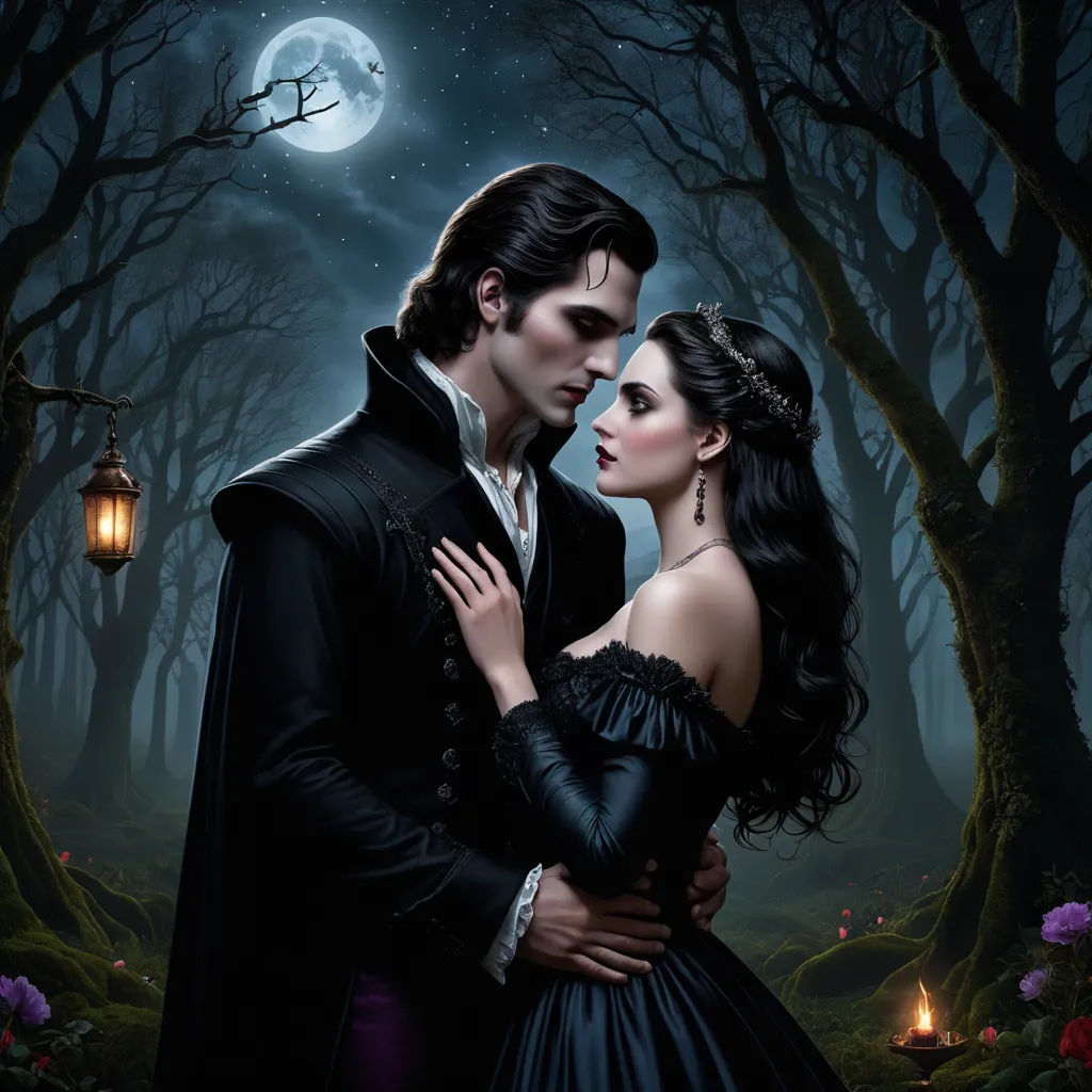 a painting of a man and woman in a forest at night with a full moon in the background and a lantern in the foreground, gothic art, a detailed matte painting, Anne Stokes, dark shadows